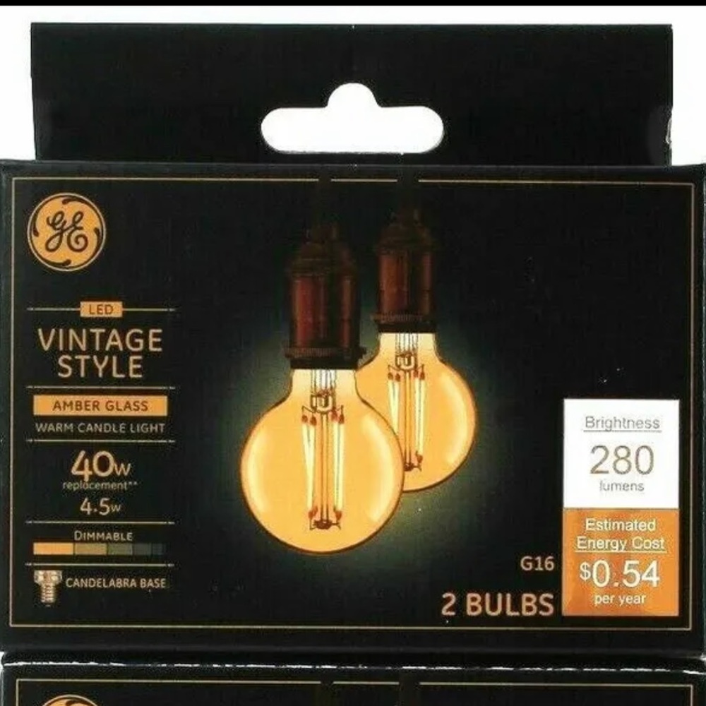 NEW 2PK GE LED Vintage Style 4.5w Amber Glass Warm Candle Light G16 2 Bulbs